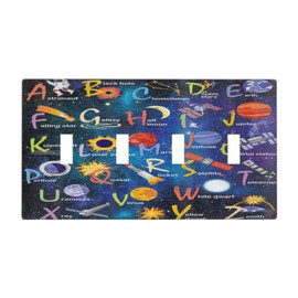 ABC Outer Space Quad Toggle Light Switch Cover Decorative Alphabet Galaxy Boys Educational 4 Gang Wall Plate Electrical Faceplate Switchplate for Kidroom Nursery Boyroom Living Room Decor