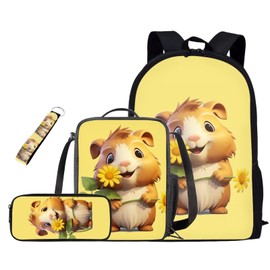 Oamsistay Cute Guinea Pig Backpack School Set 4Pcs with Lunch Box Pencil Case with Keychain School Backpack Kids Backpack for Girls 4-6 Portable Lunch Bag for Elementary Primary Middle School Bookbag