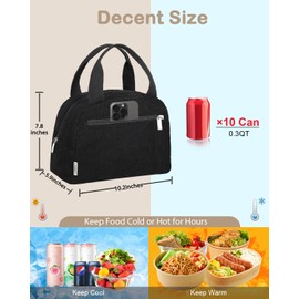 TENKIST Cute Lunch Box Tote Bag - Corduroy Insulated Cooler Bags for Women - Lightweight Reusable Portable Soft Lunch Pail Kit for Kids Teen Girl Adults Work School Picnic Travel Black 8L