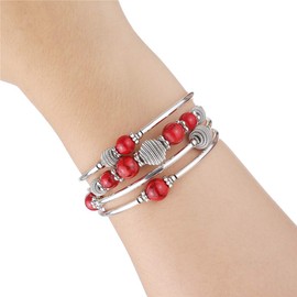 PEARL&CLUB Beaded Chakra Bangle Turquoise Bracelet - Fashion Jewelry Wrap Bracelet with Thick Silver Metal and Mala Beads, Birthday Gifts For Women(Red)