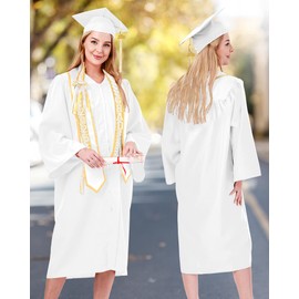 Silicherry Matte Graduation Gown Cap Tassel Set with 2025 Tassel Stole Graduation Lei Bracelet for High School and Bachelor(Size 54,White)