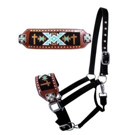 Showman Black Nylon Bronc Halter w/Cross Navajo Beaded Design Leather Noseband! New Horse TACK!