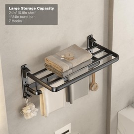 VOLDRA Towel Racks for Bathroom, 24-Inch Towel Shelf with Towel Bar Foldable Towel Holder with 7 Hooks Towel Storage Organizer for Bathroom & Lavatory Wall Mounted(Matte Black)