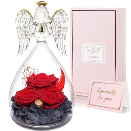Yamonic Mom Birthday Gifts for Mom Women, Glass Angel Figurines with Three Real Rose Gifts for Her Mom Grandma, Preserved Flowers Rose Angel Gifts for Mothers Day Christmas Anniversary Birthday (Red)