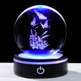 YWHL 3.14In 3D Crystal Butterfly Ball Gifts for Women, Butterfly and Lily Flower Figurines with Light Base, Butterfly Gifts for Birthday Christmas, Nature Collectible Decor(80mm)