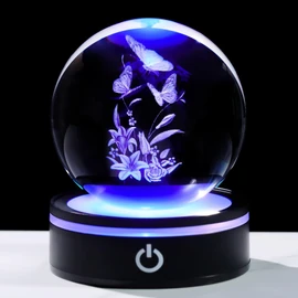 YWHL 3.14In 3D Crystal Butterfly Ball Gifts for Women, Butterfly and Lily Flower Figurines with Light Base, Butterfly Gifts for Birthday Christmas, Nature Collectible Decor(80mm)
