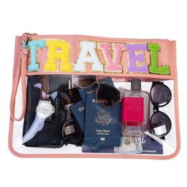 Alameda Chenille Letter Travel Makeup Organizer for Toiletries、Snack，Multi-Purpose Toiletry Bags for Women Girls Carry On，Clear Bag Stadium Approved,Clear Tote(PU Leather Style-Travel, Large)