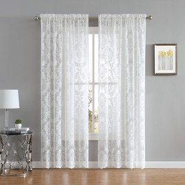 LinenZone Flowing Lace Curtains with Damask Pattern. Pair of Sheer Curtains for Windows for Privacy, Light Filtering & Beautiful Décor. Perfect for Living Room, or Kitchen (Fiona, 54 x 84 Ivory)