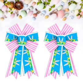 2pcs Easter Wreath Bows Easter Decor Bow Pink Blue Strips Rabbit Ears Burlap Bows for Wreath, Easter Ribbon Bows Tree Topper Bows for Easter Day Home Indoor Outdoor Decoration Wreath Ornament Supplies