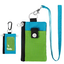 MASAPHlL Small Lanyard Wallet for Women/Men with RFID Blocking ID Badge Holder, Minimalist Nylon Zipper Pouch, Traval Neck Wallet with Keychain, ID Window for Card,Coin,Cash (Emerald Green+Sky Blue)