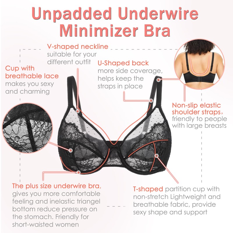 DotVol Women's Full Coverage Unpadded Underwire Semi Sheer Lace Bras