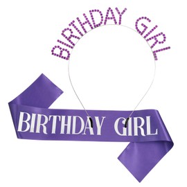 Birthday Crown Sash Tiara Purple Birthday Girl Headband Crown Sash Bling Rhinestone Hair Band Princess Birthday for Women Girls Party Decoration Prom