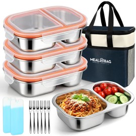 Stainless Steel Bento Box Set, 3 Pack 2-Compartment 27oz/800ml l Lunch Box with Firm Snap Lids, Insulated Lunch Bag, Ice Packs & Forks, Leak Proof Meal Prep Container for Adults Office Fitness Travel