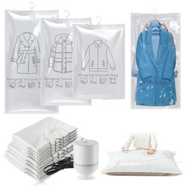 Hanging Vacuum Bags for Clothes with Electric Air Pump, Pack of 8 (2Jumbo/2Large/4Medium), Vacuum Hake Bags for Seasonal Clothes, Dresses, Suits, Coats, Jackets