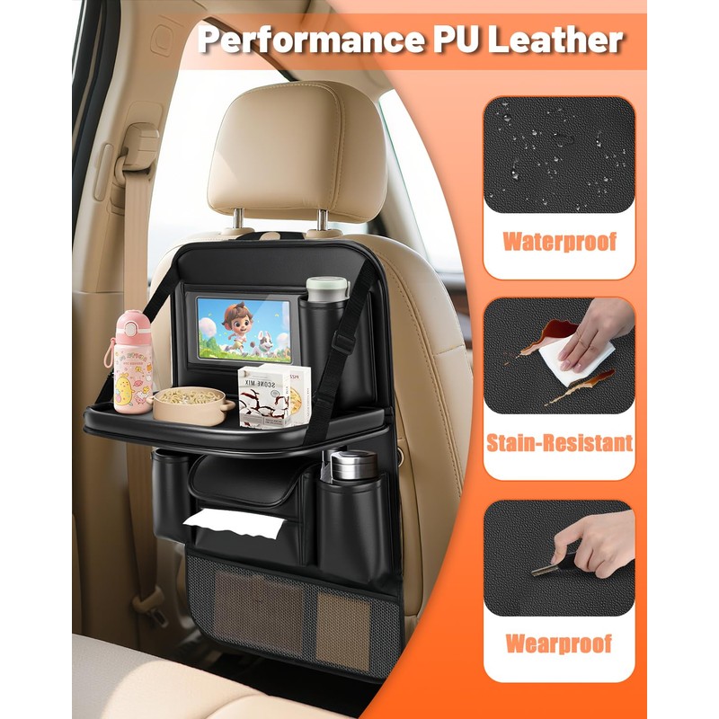 2 Pack Leather Car Backseat Organizer with Foldable Table Tray,