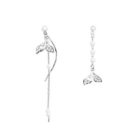 Long Tassels Mermaid Tail Dangle Earrings for Women 925 Sterling Silver Post Dainty Asymmetric Pearl Ocean Fishtail Curved Line Wave Wire Drop Dangling Stud Earring Birthday Party Jewelry