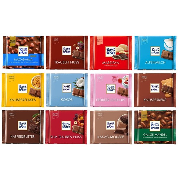 Ritter Sport Assorted Chocolates Randomly Selected Variety Pack, 100g (Bundle of 12 Full-Size Bars) Best GIFT