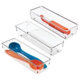 iDesign Plastic Drawer Organizer Bins - Storage for Kitchen, Bathroom, and Desk Drawers - Set of 3 - Clear