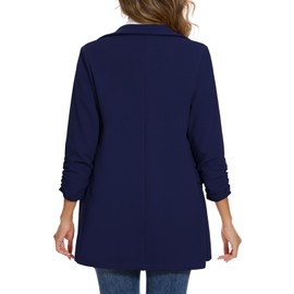 MINTLIMIT Women's Casual 3/4 Ruched Sleeve Lapel Button Slim Work Office Long Blazer Jacket with Pockets (Navy, Size L)