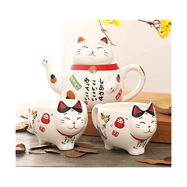 EatingBiting Charming Traditional Culture Japanese Design Maneki Neko Lucky Cat Ceramic teapot 1 Tea Pot and 2 Cups Set Package Gift Box Excellent Home Decor Asian Living Gift Chefs coffee mike tea