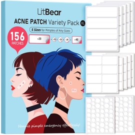 LitBear Large Pimple Patches, 5 Sizes 156 Patches Big Acne Patches, 60 XL Hydrocolloid Bandages for Full Face, Forehead, Chin, Nose, Body, Back, Neck & Chest, Stirp, Square Large hydrocolloid Patch