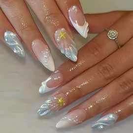 NICENEEDED 24 PCS Almond Press on Nails, Medium Fake Nails Blue White French Tip False Nails with 3D Shell Star Designs, White Ombre Fake Nails for Women