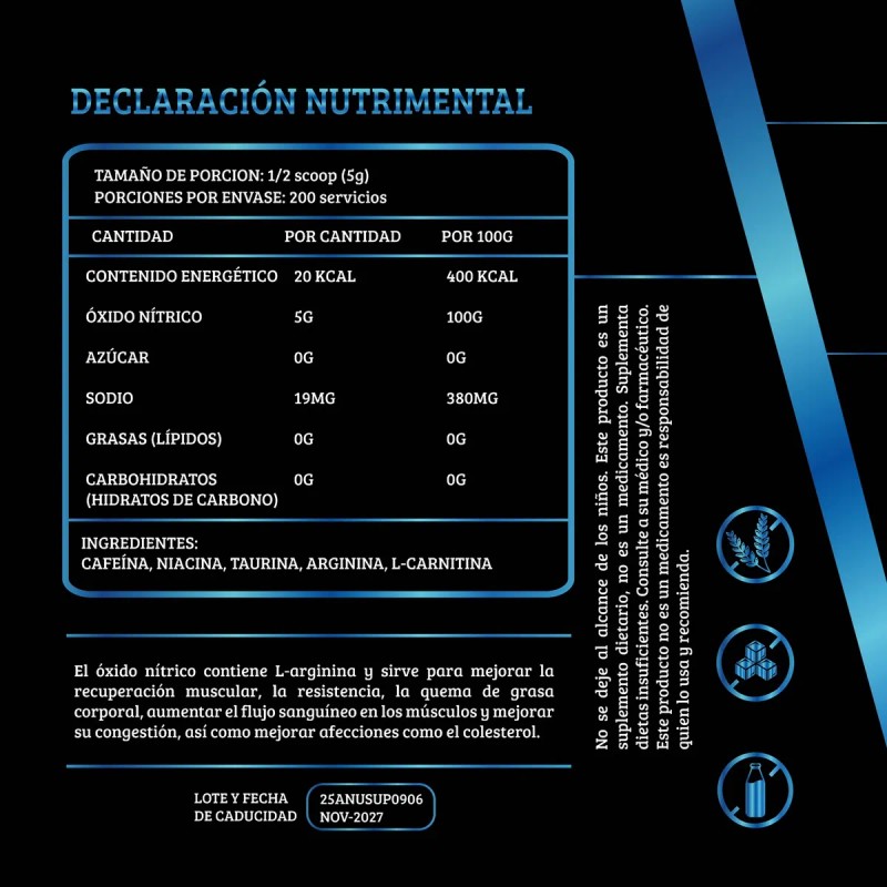 Óxido Nítrico Polvo Anubis 1kg Pre Entreno 200 Servicios Limón
