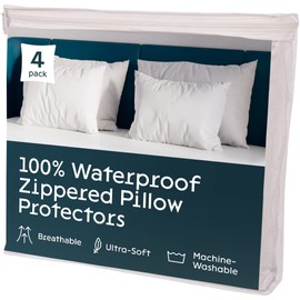 Niagara Sleep Solution 4 Pack Waterproof Pillow Protectors Queen 20x30 Inches - Life Time Replacement Smooth Zipper Premium Encasement Covers Quiet Cases Set White 100% Liquid Guard