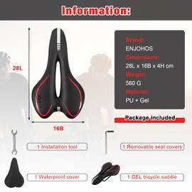 ENJOHOS Bicycle Saddle, Bicycle Seat Waterproof PU for Mountain Bike Trekking Touring Saddle Road Bike Ebike (Red + Gel)