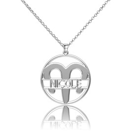 LoEnMe Jewelry Silver Plated Aries Woman Custom Made Engraved Sterling Silver Customized Name Necklace