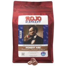 Rojo Elephant Honest Abe Toasted Coconut Flavored Handcrafted Decaf Whole Bean Coffee, Single-Origin 100% Arabica Beans, Swiss Water, Mountain Water Process, Decaffeinated, 11 0z Pack
