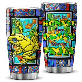 ZOXIX Frog Tumbler 20oz Lets Be Honest I Was Crazy Before The Frogs Stained Glass Style Insulated Coffee Cup With Lid Cute Animal Lover Gifts For Women Green Themed Colorful Print