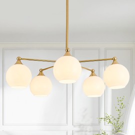 GlowHub Modern Gold Chandelier Brass Pendant Light with Milk White Glass Globe Shades Sputnik Chandelier Brass 5-Light Hanging Ceiling Light Fixture for Dining Room Kitchen Foyer, 30 Inches Wide