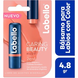 LABELLO Bálsamo Labial Caring Beauty Nude (4.8 g), Color Intenso y Cuidado Duradero con Vitamina E y Aceite de Almendras Orgánico