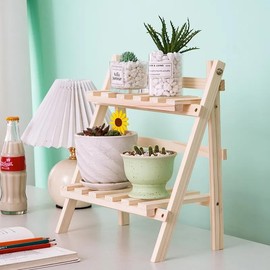 QruiLanTu 2 Tier Foldable Ladder Plant Stand Desktop Shelf Organizer Rack Wooden Display Risers for Selling L 13.3 x H 13.8 x D 7.1 inches（DIY）