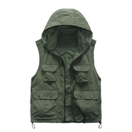 M2C Mens Hooded Mesh Multiple Pockets Traveling Vest 2XL Army Green