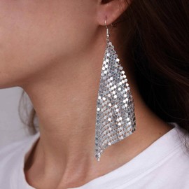 TseenYi Metal Mesh Earrings with Tassel Sequins Earrings Made of Gold Sequin Earrings Made of Metal Mesh with Sequins Earrings Made of Metal Mesh with Tassel, Silver