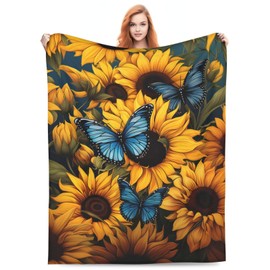 amepay Sunflower Blue Butterfly Blanket Gifts for Grils Women Floral Flannel Throw Blankets for Home Couch Bed Sofa Soft Fuzzy Lightweight Decor All Season 80x60 Inches