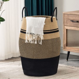 Jute Rope Laundry Hamper by YOUDENOVA, 105L - Woven Collapsible Laundry Basket - Clothes Storage Basket for Blankets organizing, Bedroom Storage, Clothes Hamper – Brown & Black