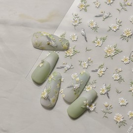 5D Embossed Flower Stickers for Nail Art White Floral Self-Adhesive Pearls Nail Art Decals for Women Nail Supplies Art Design Stickers (White Flower and Bird)