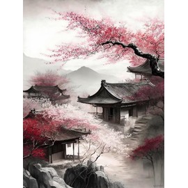 Landscape Diamond Painting Set, DIY 5D Diamond Painting Suitable for Adults and Children, Peach Blossom House Diamond Art Crafts, Chinese Style Home Wall Decor Gifts 30x40cm/12x16in