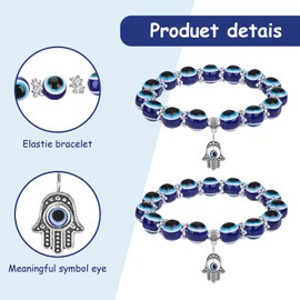 Lusofie 6 Pieces Evil Eye Bracelet Hamsa Blue Beaded Charm Stretch Bracelet Third Eye Jewelry Blue Eye Bead Bracelet for Protection and Blessing 8MM 10MM