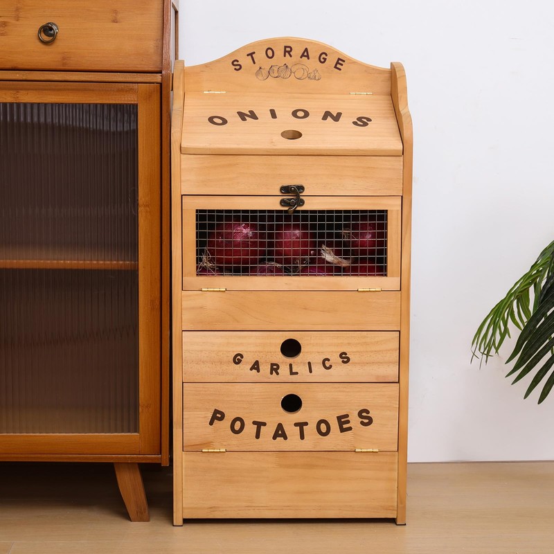 Potato Bin Veggie Organizer Rustic Pine Wood Potato, Onion &