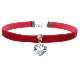 Gregory Crafts & Gifts Velvet Heart AB Crystal Pendant Choker Necklaces, Multiple Colours to Choose From (RED)