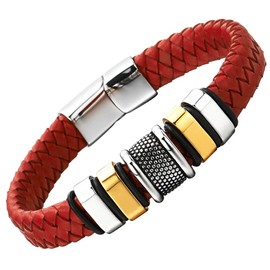 COOLSTEELANDBEYOND Men's Red Leather Bracelet Braided Leather Sweatband with Stainless Steel Charm and Clasp, Leather, Non-applicable