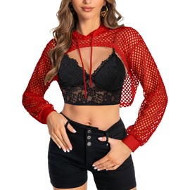 Women's Sheer Crop Top Long Sleeve Fishnet Hoodie Casual Bolero Cover Up(Red,XL)