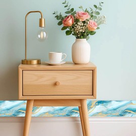 IVN Wallpaper Border Peel and Stick Wall Accent 4x196 Inch PVC Blue Gold Marble Pattern Self Adhesive Decorative Wall Trim for Bathroom Living Room Hallway Modern Luxe Style