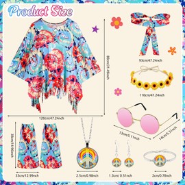 FORMIZON Hippie Costume Women's Set, 7 Pieces Disco Outfit 60s 70s 80s 90s Hippie Clothing with Hippie Poncho Accessories, Women's Girls Boho Flower Hippie Costume for Carnival Disco Party Cosplay