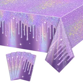 APUXXJUPA 4 Pcs Purple Table Covers, Shiny Disposable Laser Purple Iridescent Tablecloth for Bridal Wedding Party Supplies, 51 x 86 inches