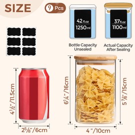 ComSaf 37oz Glass Storage Containers with Lids, Glass Jars with Lids, Clear Food Storage Jar, Square Glass Canister Set of 9, Pantry Organizers and Storage for Cookie Flour Oat Pasta Tea Coffee Bean